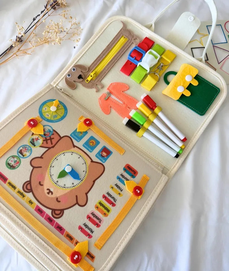 Montessori Sensory Busy Board – Portable Felt Activity Book for Toddlers' Fine Motor Skills Early Learning Travel Toy